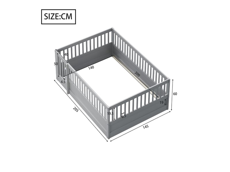  Lit enfant 140x200 cm avec structure en bois massif et barrière grise avec porte 4071298089769 - Conforama E