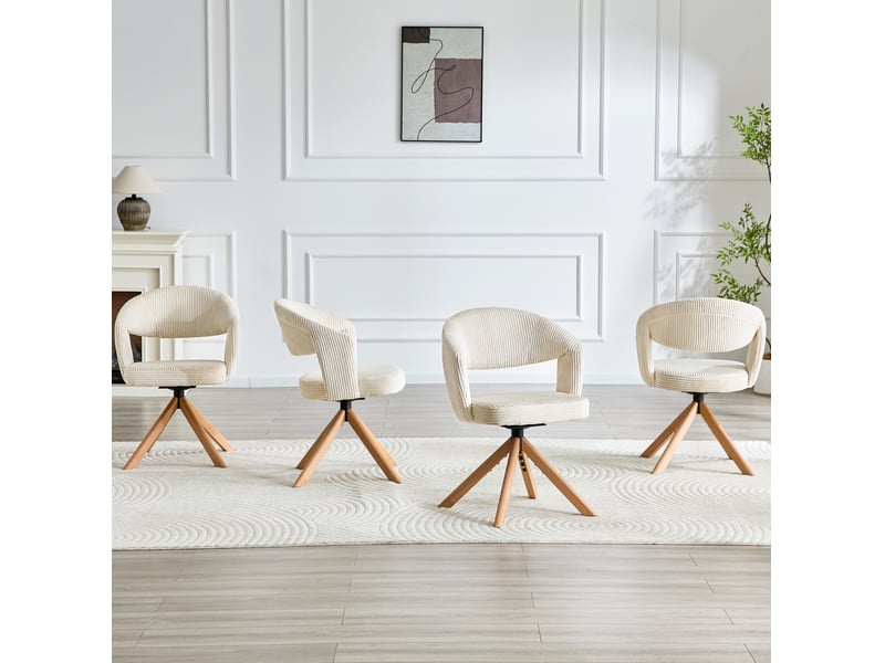  Lot de 2 chaises de salle à manger 81,5 cm, en velours côtelé blanc+bois, pivotantes, rotation 360°, dossier incurvé  - Conforama D