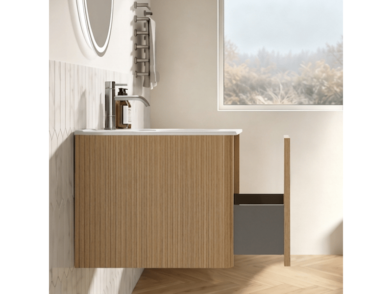 Meuble de salle de bain suspendu 60 cm ensemble meuble vasque couleur chêne avec miroir led  - Conforama D