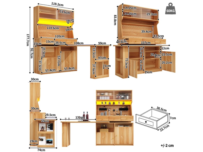  Armoire haute 137 x 74 x 177,7 cm avec bureau et bar intégrés, led pilotée par application et portes vitrées, bois naturel  - Conforama C