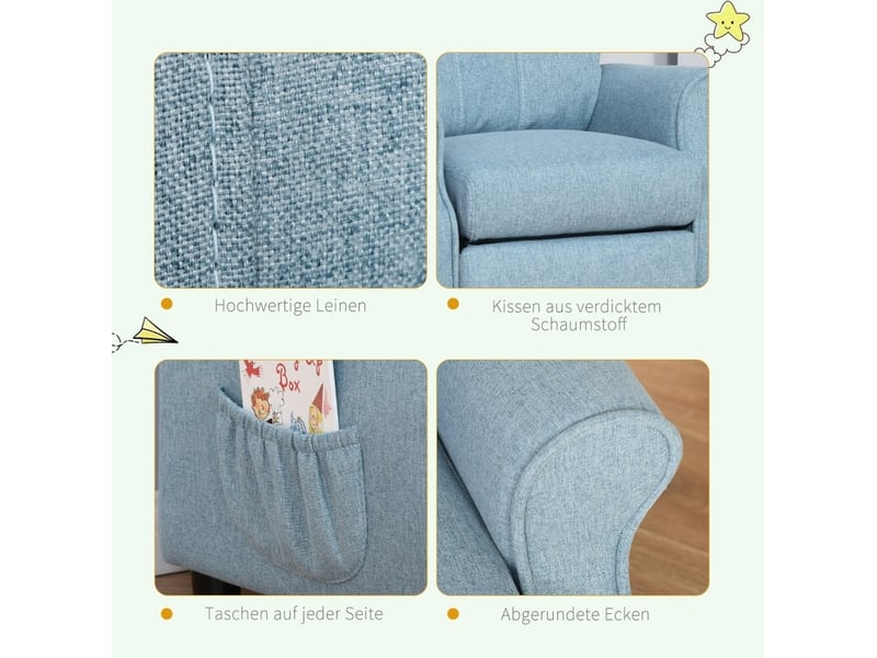  Fauteuil enfant avec repose-pieds et dossier réglables, bleu en lin, convertible en chaise longue, 3 à 5 ans  - Conforama C