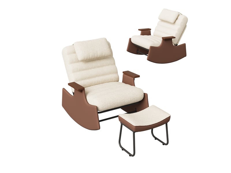  Fauteuil à bascule avec repose-pieds et appui-tête, fauteuil inclinable avec dossier réglable en 3 positions, chaise longue avec base antidérapante, fauteuil à bascule rembourré, beige (laine d'agneau)  - Conforama A