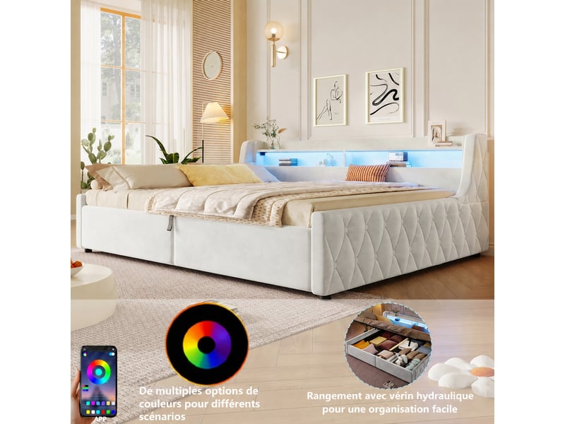  Lit coffre hydraulique 140 x 200 cm en velours beige avec éclairage led multicolore, sans matelas  - Conforama D