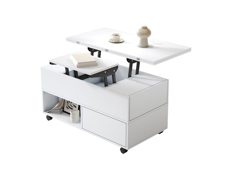  Table basse relevable avec 4 tiroirs et roulettes freinées, en panneau de particules blanc mat 100 × 50 × 52 cm  - Conforama A