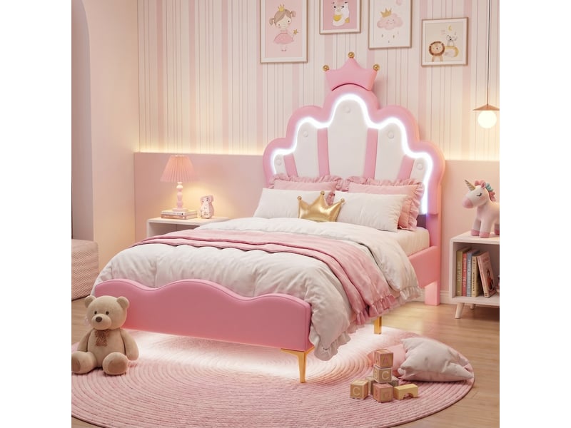  Lit simple 90x190 cm, lit enfant avec rgb led et tête de lit couronne réglable, lit capitonné avec sommier, rose  - Conforama D