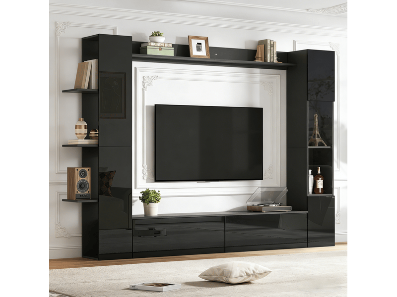  Meuble tv mural avec 2 portes abattantes, vitrines et étagères de rangement pour salon en mdf noir 245 × 30 × 170 cm  - Conforama E