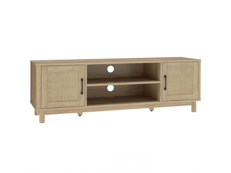  Meuble tv 135 cm, meuble télé pour téléviseur jusqu'à 65 pouces avec 2 portes en rotin, chêne, 2 compartiments ouverts  - Conforama B