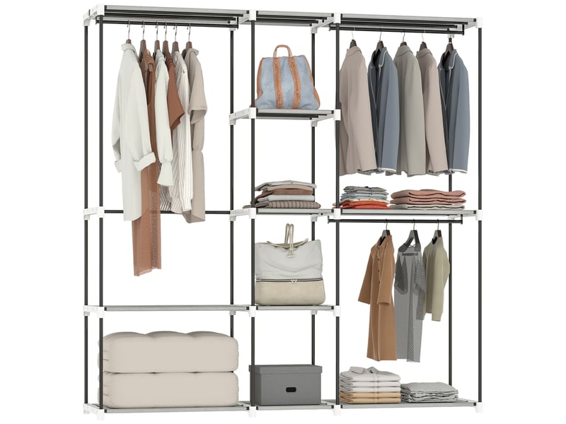  Armoire 182 x 43 x 185 cm, armoire ouverte avec 8 étagères en tissu, tringles à vêtements, structure en métal gris clair  - Conforama A