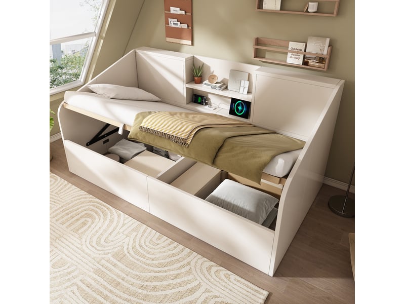  Lit gain de place 90x200 cm design minimaliste rangement grand volume, 2 niveaux arrière, bois, blanc sans matelas  - Conforama D