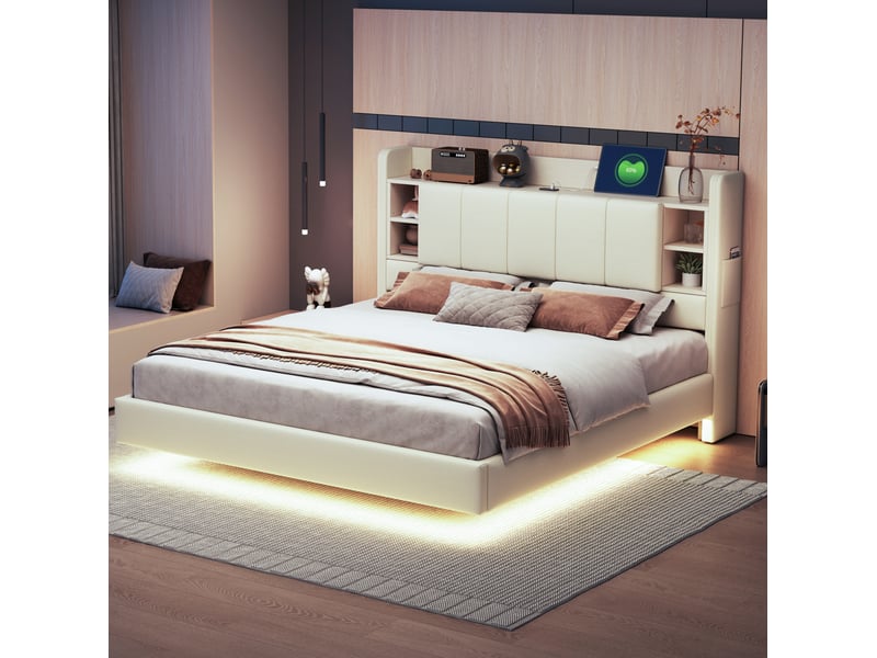  Modenvie lit coffre 160x200 cm - avec led, port usb, rangements intégrés, sans matelas - beige  - Conforama D