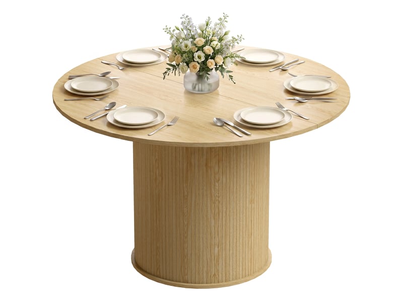  Table à manger ronde pour 4-6 personnes, ø 120 x 75 cm, table de cuisine avec base cylindrique cannelée, bois naturel  - Conforama B