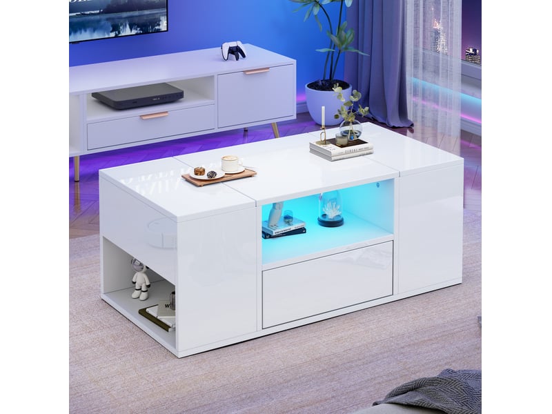  Table basse 100x50x40 cm blanche brillante avec led, tiroir et rangements  - Conforama B