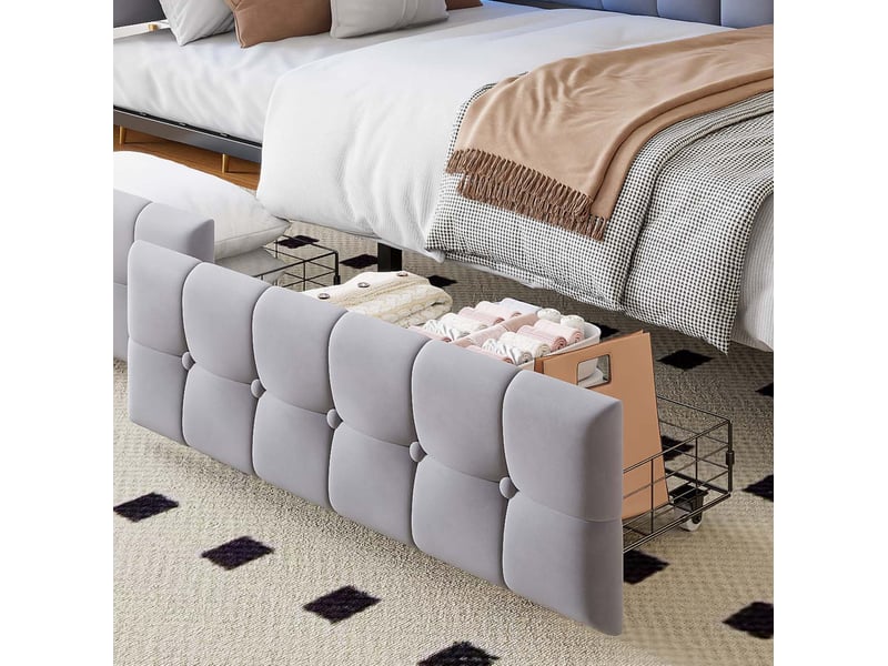  Lit enfant 90 x 200 cm, 2 tiroirs, tête led multicolore, prises usbtype-c, châssis métal, velours gris clair, sans matelas  - Conforama R