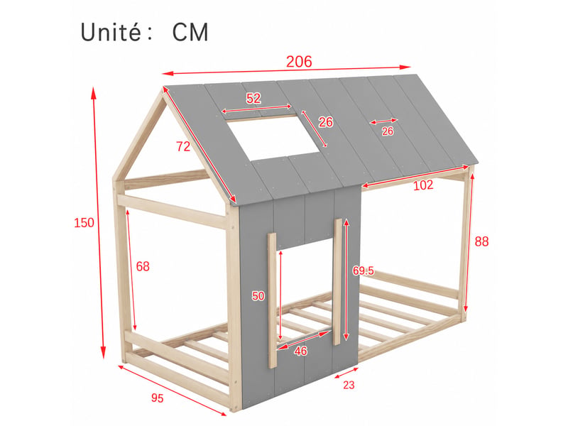  Lit cabane, lit simple en pin et mdf avec toit et fenêtre, 200x90 cm, sans matelas, naturel et gris  - Conforama D