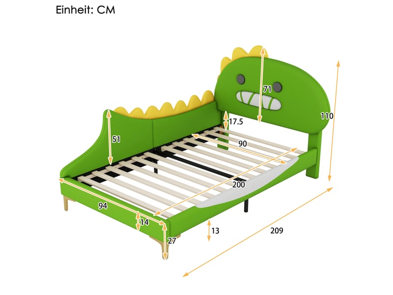  Lit enfant 90 x 200 cm vert, forme dinosaure cartoon, lit plat en pu et mdf  - Conforama E