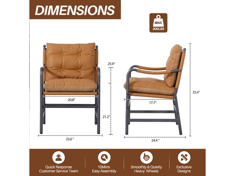  Fauteuil d'appoint avec accoudoirs et assise rembourrée pour salon ou bureau, simili cuir et métal marron  - Conforama D