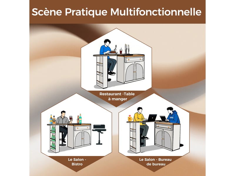  Meuble de cuisine muvano, table de bar extensible de 138 à 204 cm, blanche avec rangement  - Conforama E