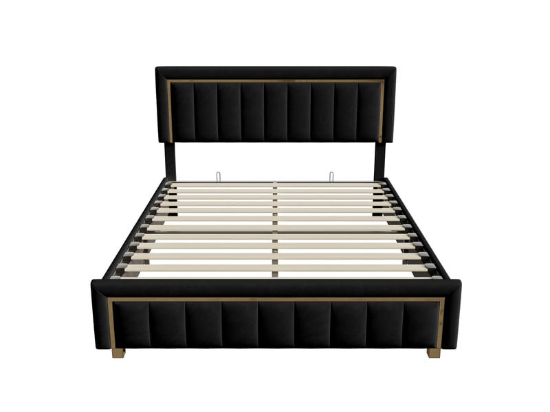 Dreammespace lit coffre 140x200 cm - lit double 2 places avec rangement hydraulique et sommier, velours lignes dorées noir moderne DreamMespace - Conforama A