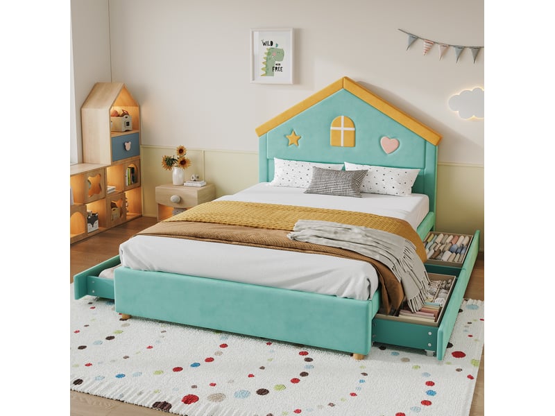  Lit enfant 140 × 200 cm 1 place avec 4 tiroirs et tête de lit maison, sans matelas, en velours bleu canard  - Conforama C