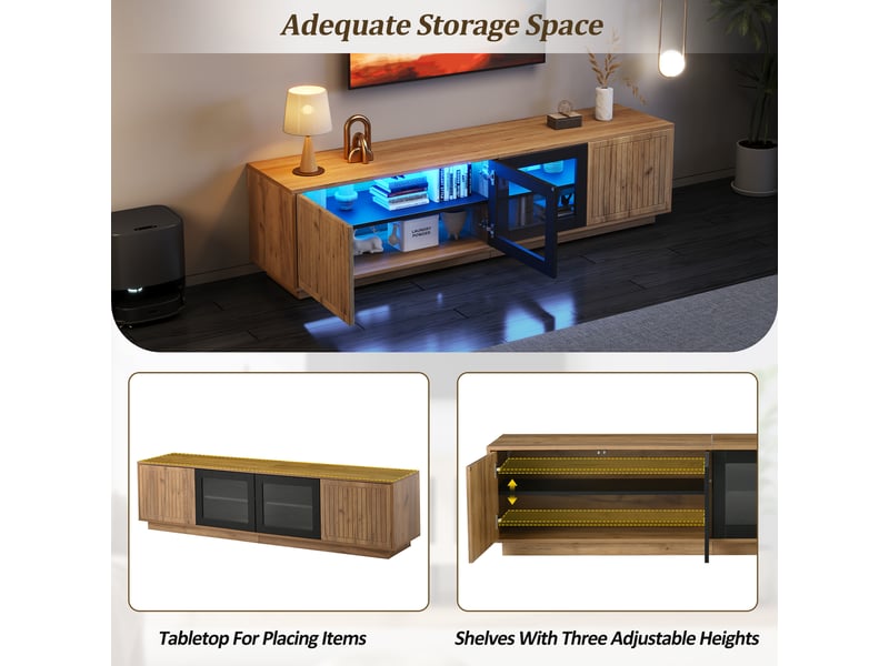  Meuble tv led 180 x 40 x 45 cm bois naturel et noir, 2 placards, verre, charge 30 kg, jusqu’à 75 pouces  - Conforama E
