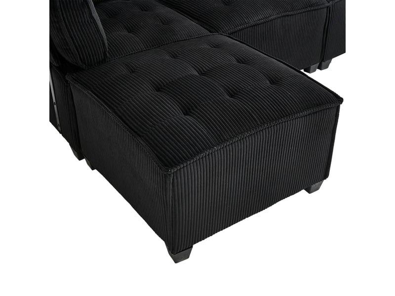 Canapé modulaire 6 places en velours côtelé noir, structure métal et bois, convertible en u ou l, 308x154x82 cm - Conforama W