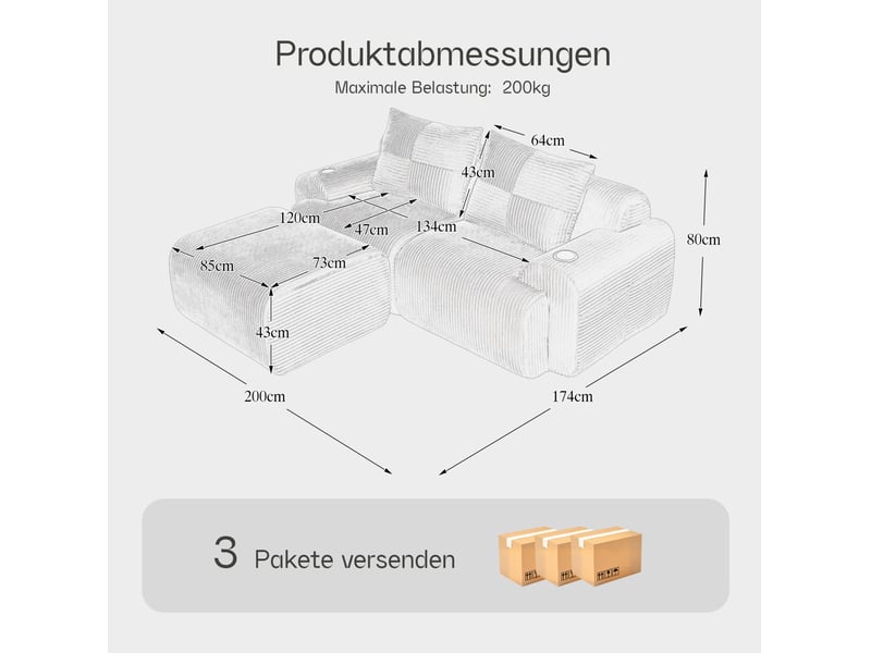  Canapé modulaire 2 places 200x174x80 cm avec pouf coloris gris foncé  - Conforama D