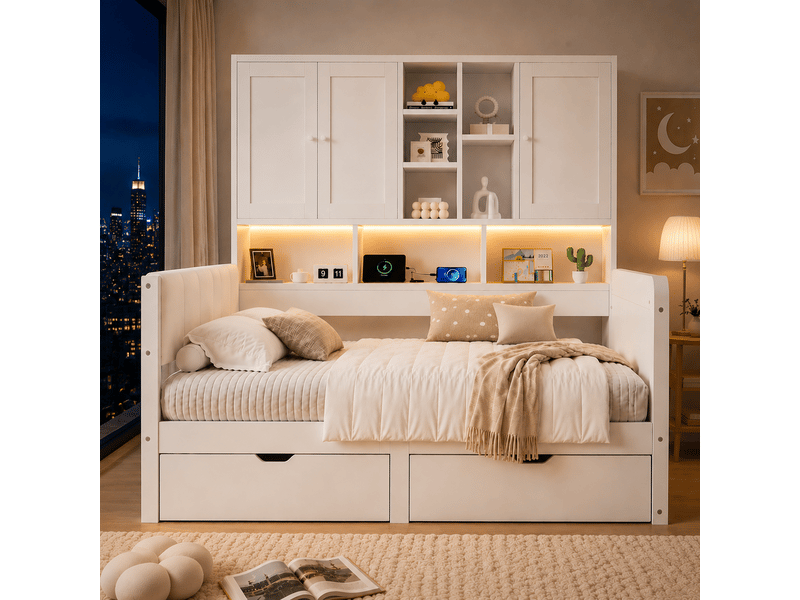  Lit enfant 140 × 200 cm avec rangements, led, usb-c et tiroirs, blanc Fay Lum - Conforama D
