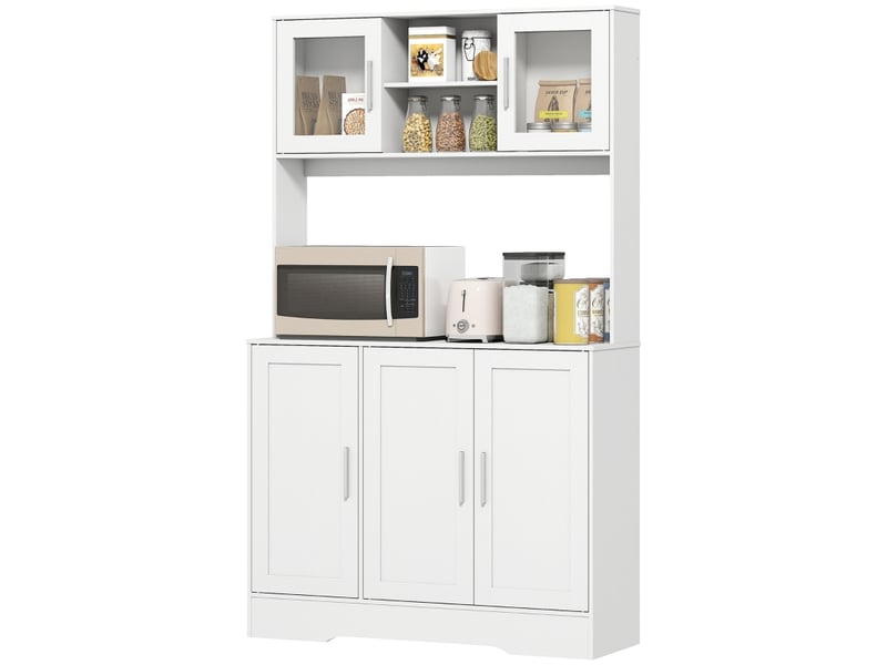  Vaisselier scandinave blanc, buffet de cuisine haut avec portes vitrées, meuble de rangement micro-ondes, étagères réglables, 108x35x180 cm  - Conforama A