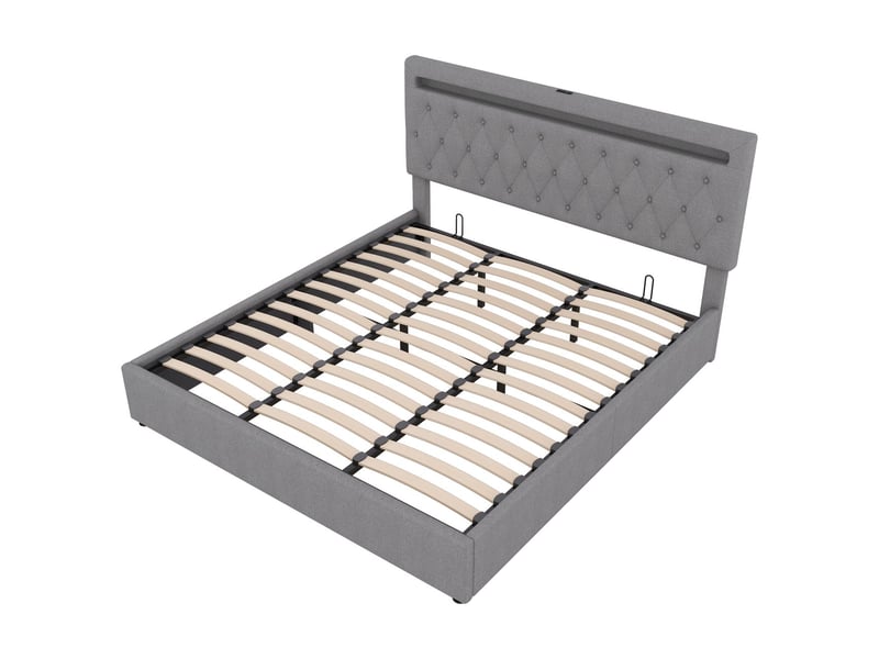 Lit coffre 180x200 avec led multicolore et ports usb - lit rembourré - tissu en lin gris, grand rangement hydraulique - Conforama D