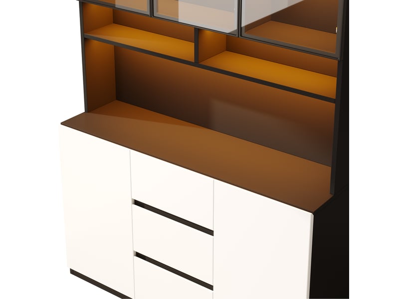 Vitrine 120x200 cm avec led multicolore via app, portes en verre gris, 2 portes, 3 tiroirs et étagères ouvertes, noir et blanc - Conforama D