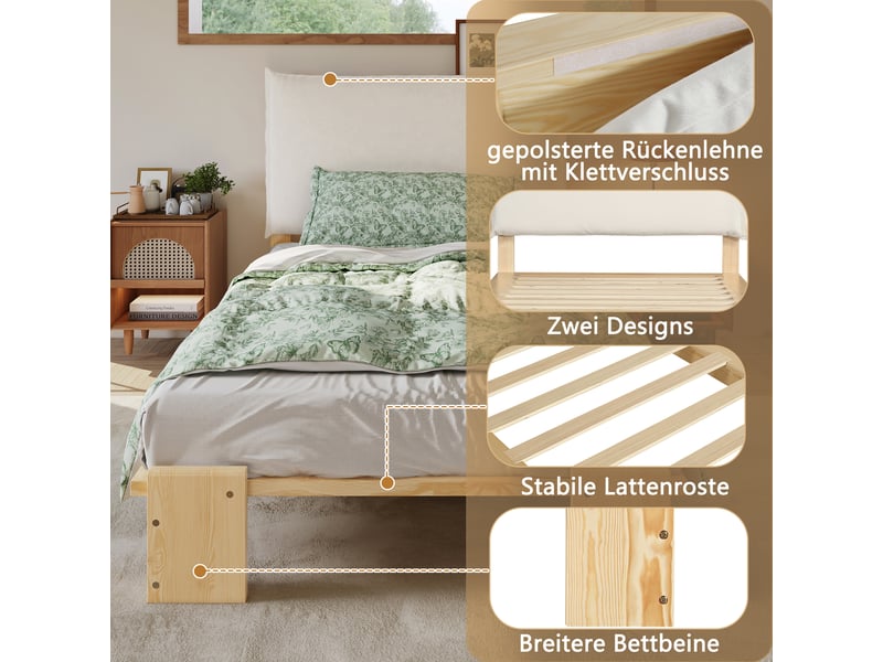  Lit enfant capitonné 90x200 cm naturel, appui velcro, sommier stable et pieds renforcés  - Conforama E