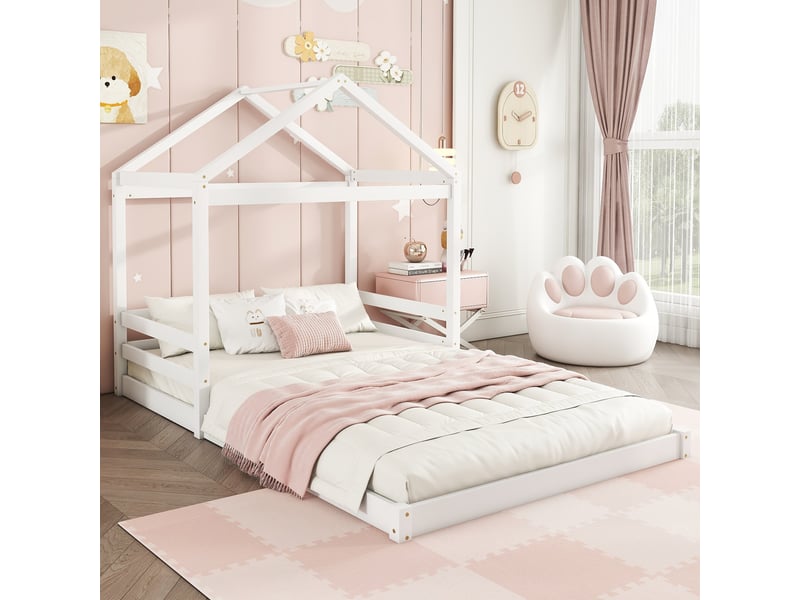  Lit maison 140 x 200 cm, lit enfant en forme de maison avec sommier à lattes sans matelas, pin, blanc  - Conforama E