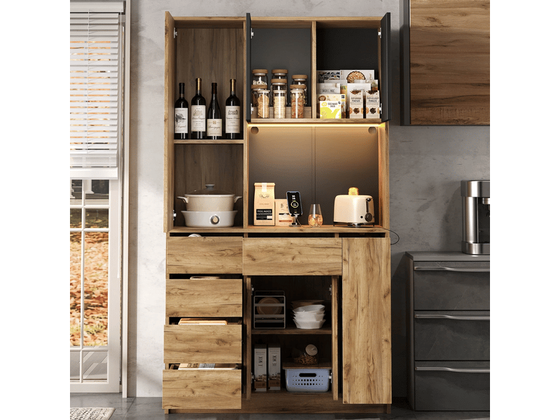  Buffet de cuisine haut avec tiroir à épices vertical, led et prises, 185x105x40 cm  - Conforama B