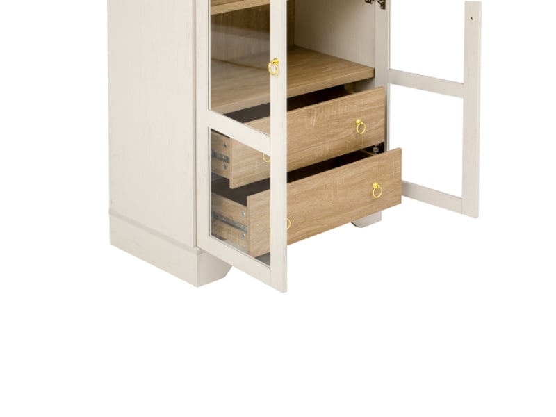  Buffet haut blanc avec étagères réglables et tiroirs, portes en verre – grand rangement pour salon et cuisine  - Conforama E