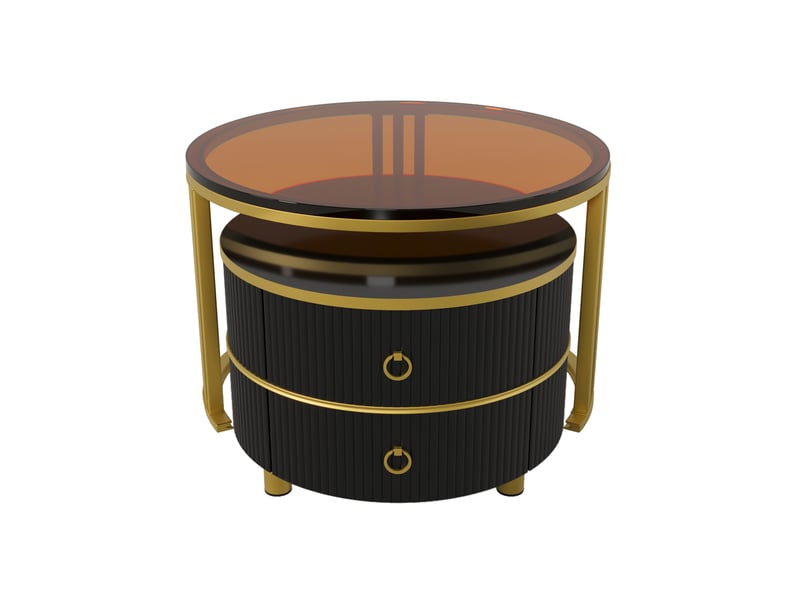  Table basse ronde 2 en 1 en mdf, 1 plateau brillant et 1 plateau en verre trempé brun, 2 tiroirs, or et noir  - Conforama A