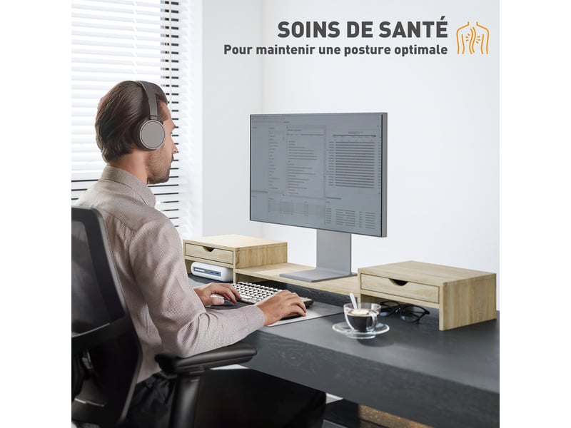  Rehausseur écran pc bureau support d'ordinateur d'écran de 60-116 cm avec 2 tiroirs, longueur et angle réglables  - Conforama R