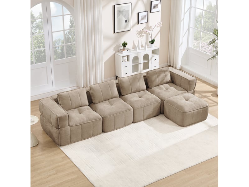  Canapé d'angle modulaire 4 places sans cadre avec pouf, assise profonde et mousse 32d, en polyester beige  - Conforama B
