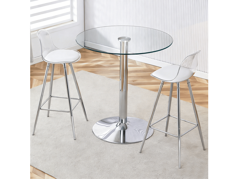  Ensemble bar 2 places avec table ronde en verre ø 89 cm et 2 tabourets argentés  - Conforama D