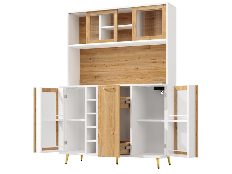  Buffet 120x40x180 cm blanc et aspect bois en mdf, 5 portes, led, prise intégrée pour rangement cuisine  - Conforama D
