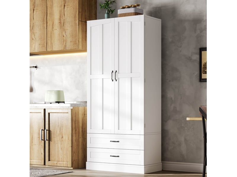  Colonne de cuisine avec 2 portes, 3 étagères coulissantes et 2 tiroirs, en mdf blanc, 80 × 37,5 × 180 cm  - Conforama C