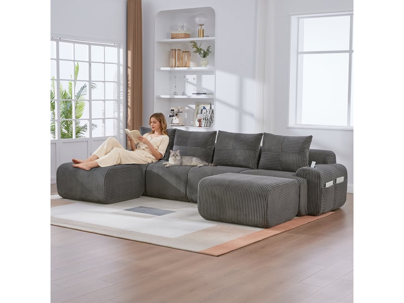 Canapé d'angle panoramique fixe 4 places tissu gris foncé - Conforama B
