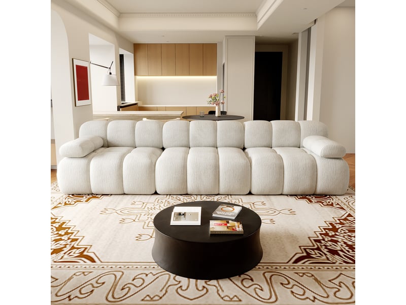 Canapé compressé 3 places 300x100x68 cm sans structure, sans montage, mousse haute résilience, assise profonde, tissu chenille blanc - Conforama B