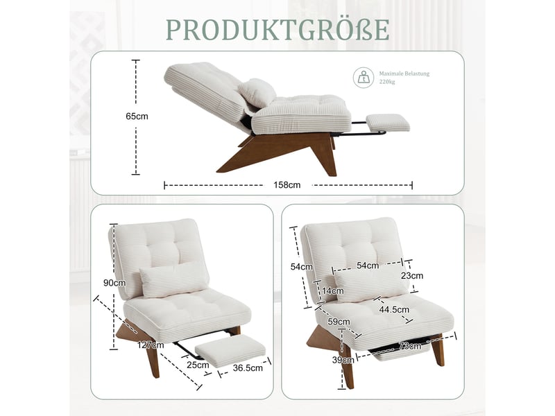  Fauteuil de salon 127x73x90cm – pas d'accoudoirs - avec repose-pieds rétractable, dossier inclinable et coussin lombaire – velours côtelé - beige  - Conforama A