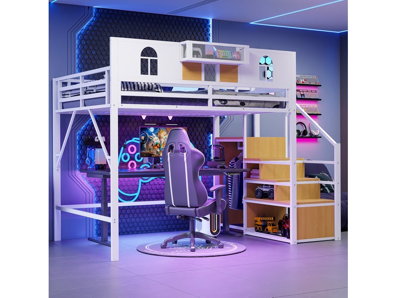  Lit mezzanine 140x200 cm avec échelle de rangement et espace libre, blanc  - Conforama B