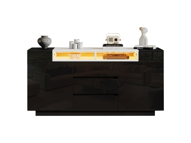  Buffet noir avec led 140 cm, meuble de salon 2 portes et 3 tiroirs, haute brillance  - Conforama A