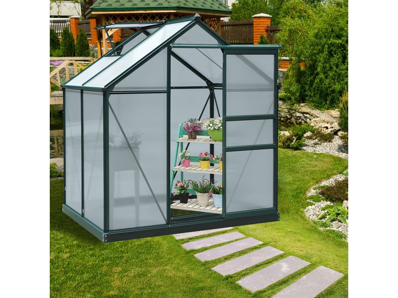  Serre de jardin polycarbonate 190 x 132 x 201 cm résistant aux uv 30+ fondation renforcé gouttière vert foncé  - Conforama C