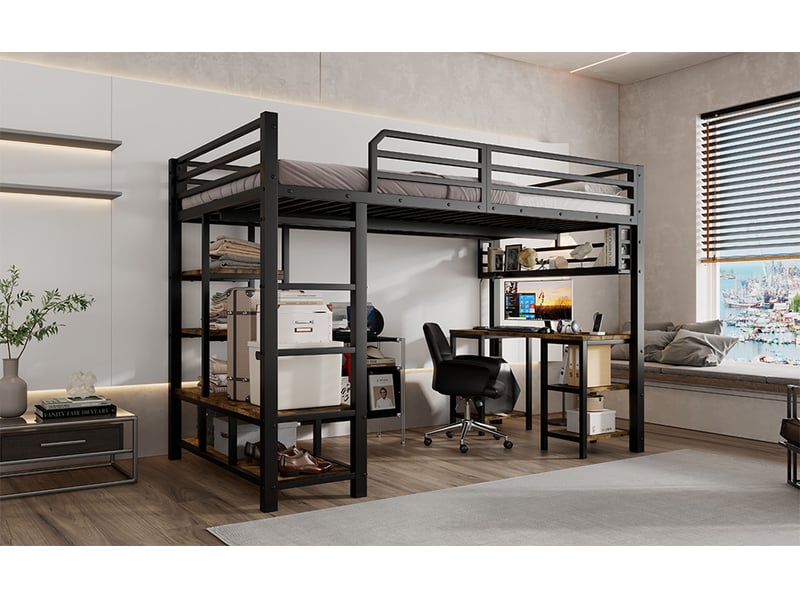  Lit mezzanine avec bureau et étagères - 120x200cm - structure métallique et échelle à 4 échelons - cadre en métal - noir et noyer foncé  - Conforama B