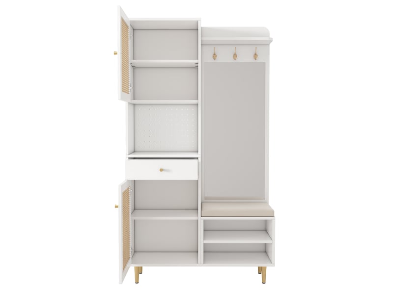  Vestiaire avec banc à chaussures et miroir 99x35x180 cm, blanc et naturel  - Conforama D