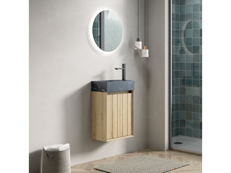 Meuble sous vasque avec 1 porte en marbre naturel et façade en bois massif pour petite salle de bain, noir et chêne blanc - Conforama C