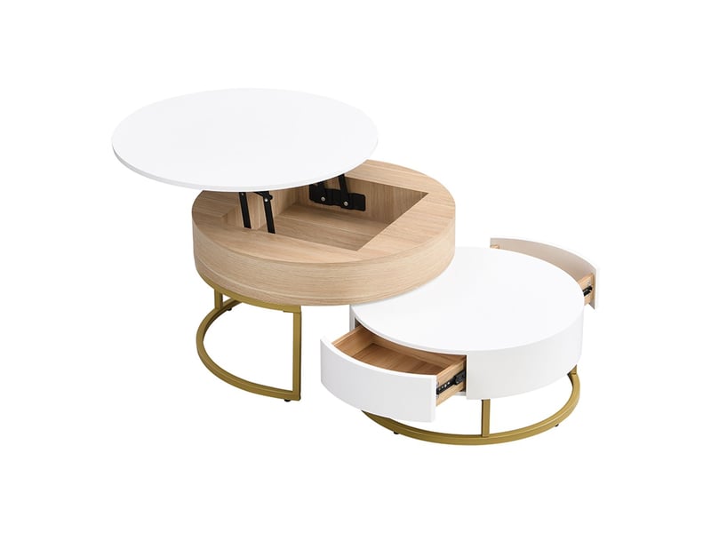  Table basse 70x70x40-56,5 cm, design doré blanc bois table basse salon, plateau relevable, deux tiroirs, rangement intégré, ensemble gigogne  - Conforama A